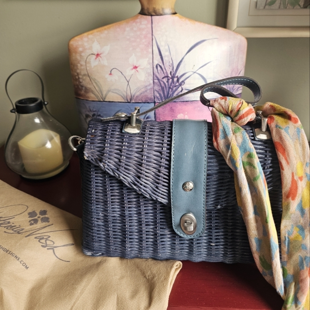 PATRICIA NASH WICKER RATTAN LEATHER DENIM BLUE PURSE NEW!